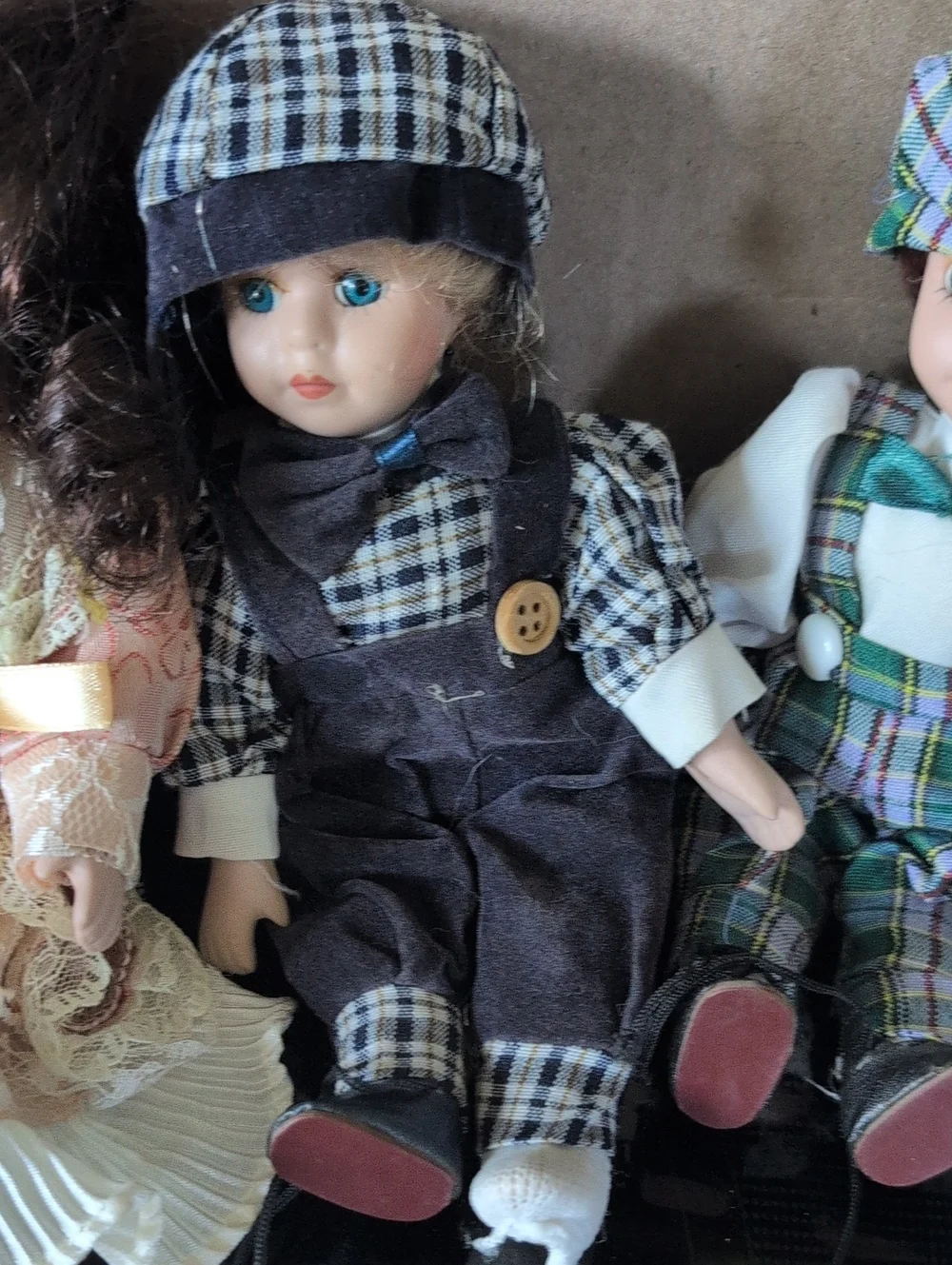 Porcelain Doll Set - Assorted Plaid and Pink Dolls